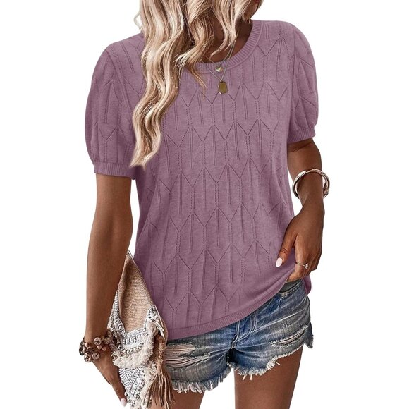 Women Short Sleeve Purple Sweater Round Neck Summer Work Beach Vacation Top - Picture 2 of 5